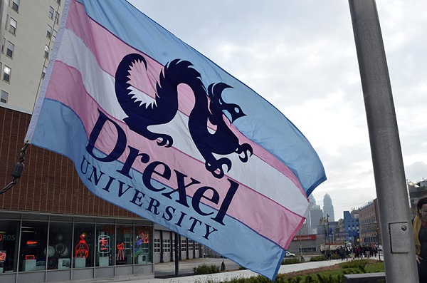 Drexel University Transgender flag at half mast. Courtesy of DrexelNOW